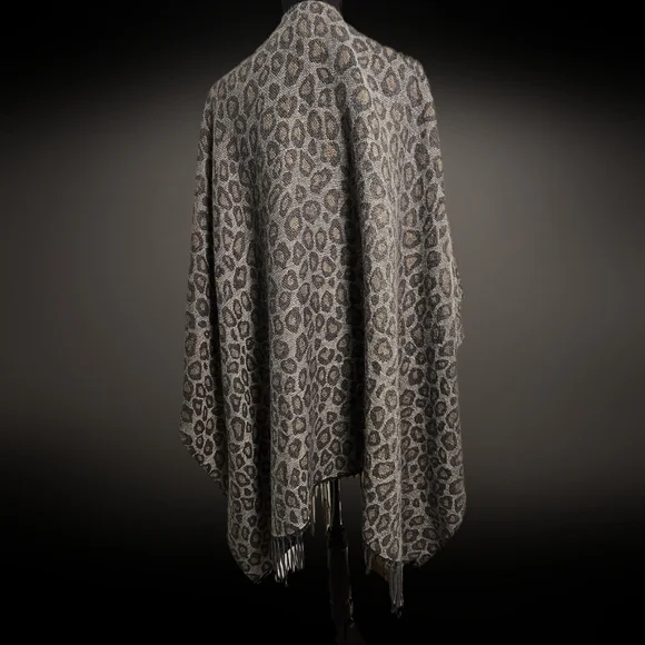 Animal Print Ruana Shawl Wrap Poncho Neutral Colors One Size with Fringe - Picture 2 of 5